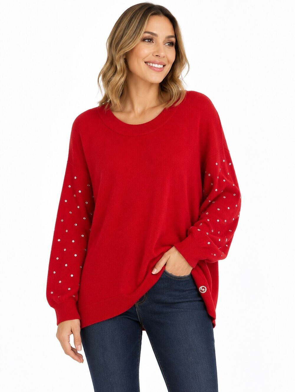 Michael Kors Women's Studded Sleeve Sweater Red Crewneck Pullover - Size 1X